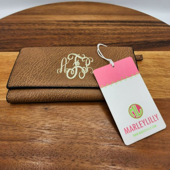 Marleylilly Wallet Brown Faux Leather TriFold Monogrammed AFP Snap Closure New - Picture 9 of 9
